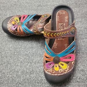 L'Artiste by Spring Step Leather Mary Jane Mules Clogs Women's 38 / 7.5 Colorful